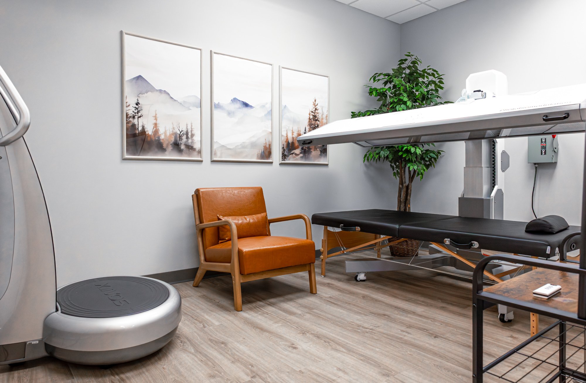 The full-body red light therapy room at E. Michael Health, with the overhead light panel lowered over the treatment table